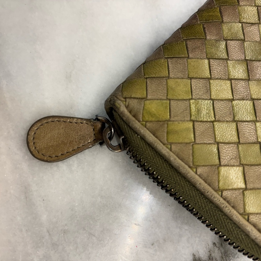 Bottega Veneta Intrecciato Zip Around Wallet Olive Taupe Woven Leather Italy - Picture 10 of 10